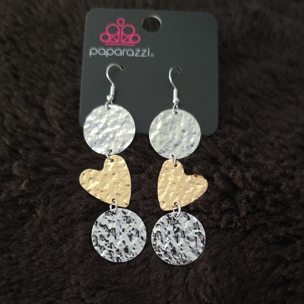 paparazzi Two-Tone Hammered Heart Drop Earrings in Silver and Gold